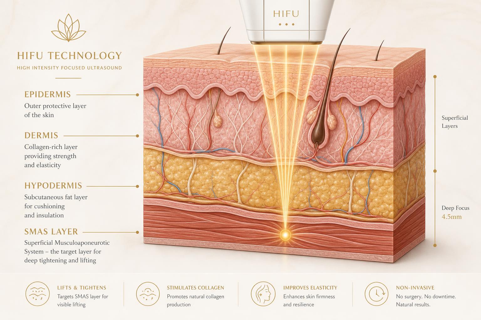 Doorsnede van de huidlagen: epidermis, dermis, hypodermis en SMAS-laag waar HIFU op werkt